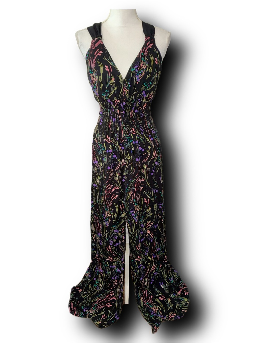 Adelyn Rae Black Paint Stroke Floral Split Hem Maxi Dress